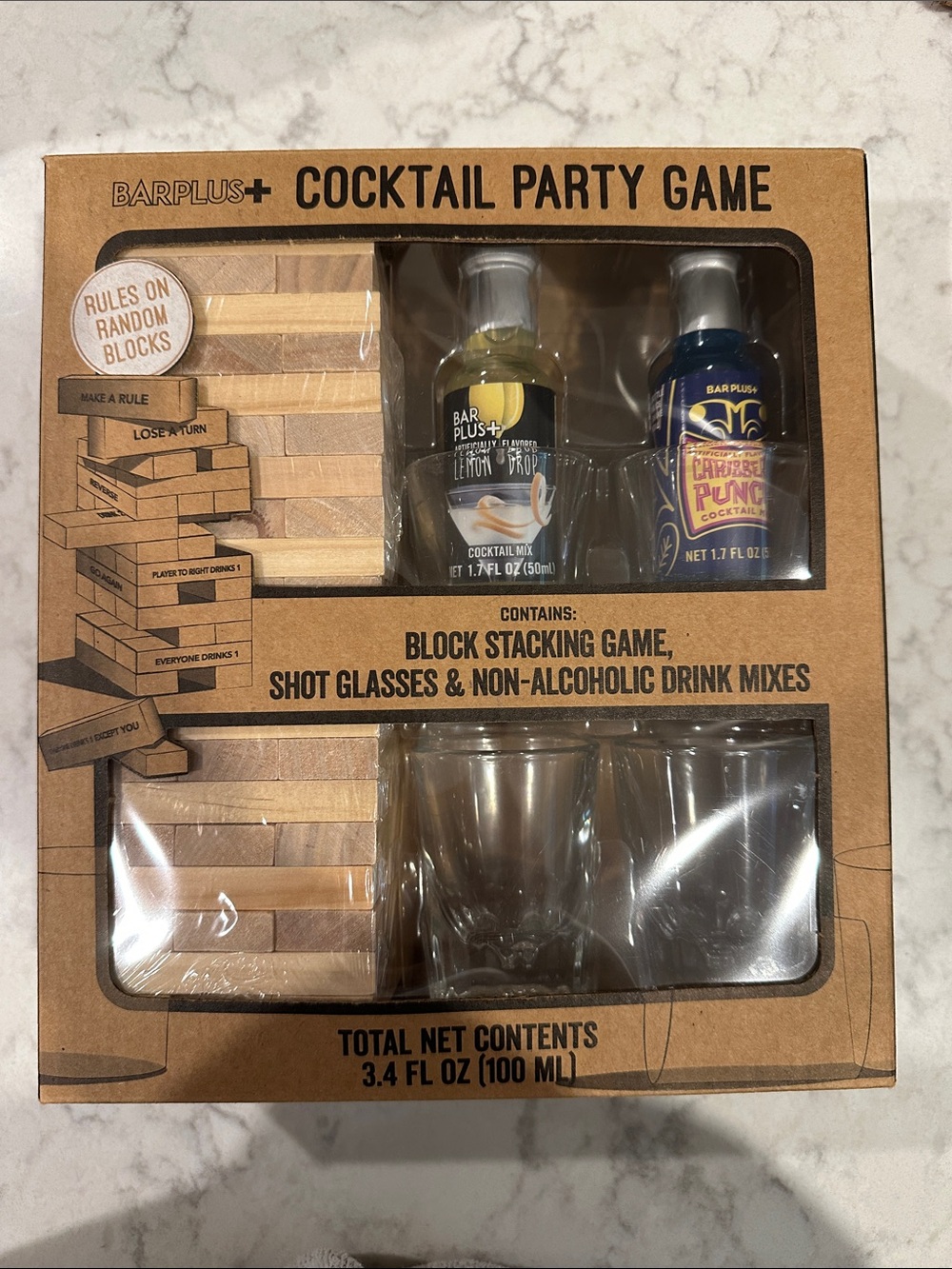 BarPlus+ Cocktail Party Game with Block Stacking and Drink Mixes